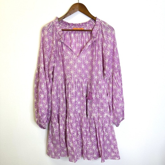 Oliphant Tiered Balloon Sleeve Star Print Dress Purple Size S - Picture 2 of 8